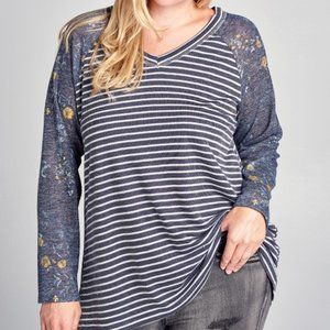 V-Neck Striped French Terry Top - PLUS